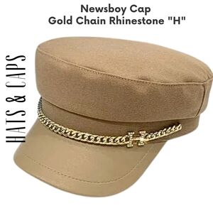 The NEW Boutique Tan Newsboy Cap with Gold Chain